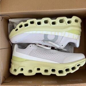On Running Shoes Cloud Monster Frost and Acacia - White and Light Green